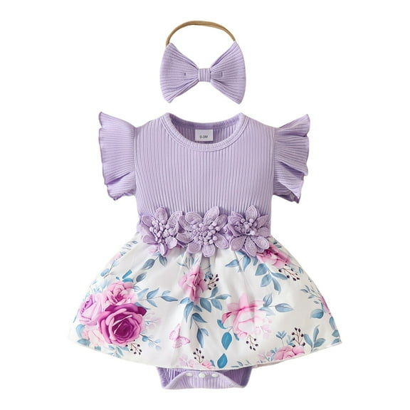 Sopiago Baby Girl Clothes Summer Outfits for Toddler Girls Romper Skirt Ruffle Sleeve Cute Bow Headband Bodysuit Set Purple,6-9 Months