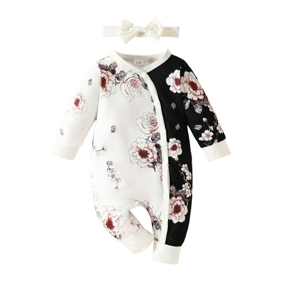 Sopiago Baby Girl Jumpsuits Girls Long Sleeve Floral Prints Pullover Rompers for Baby Girls Jumpsuit Clothes 6-9 Months,White