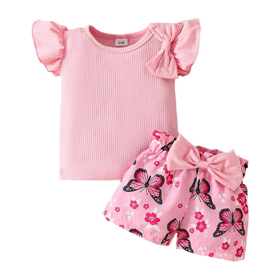 Sopiago Baby Girl Outfit Sets Butterfly Print Shorts and Short Sleeves T-Shirt Tops Toddler Clothes for Girls Pink,18-24 Months