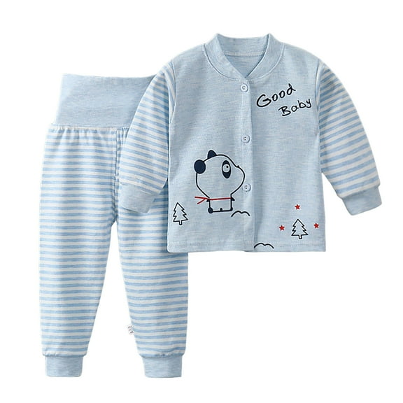 Sopiago Baby Girl Pjs 2 Piece Set Cartoon Printed Sleepwear Striped Button Shirt Top and Pants Pajamas for Toddler Boys Light Blue,0-3 Months
