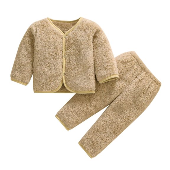Sopiago Baby Girl Pjs Solid Long Sleeve Button Shirt Top and Pants Coral fleece 2Piece Toddler Pijamas Boy Khaki,6-12 Months
