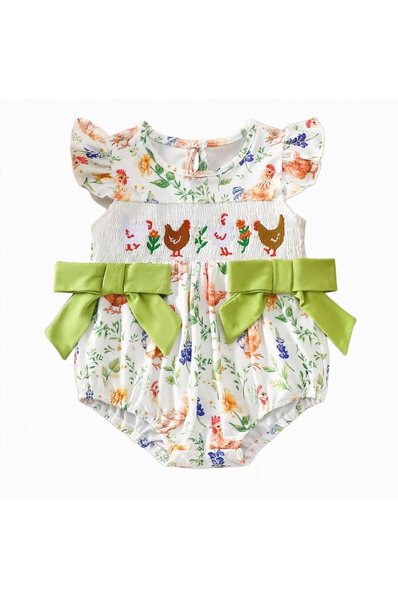 Baby Girl Romper Farm Chicken Onesie Outfit Ruffle Smocked Bow Bodysuit Western Country Infant Newborn Summer Clothes for 1-18M Girls Pink,0-3 Months
