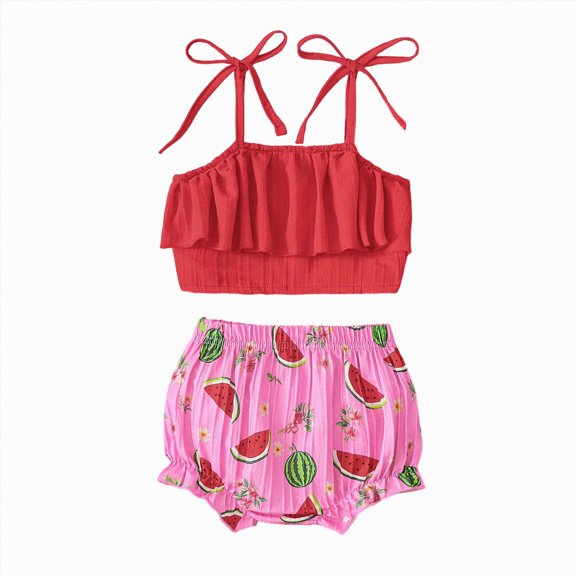 Sopiago Baby Girl Strawberry Outfit Floral Ruffle Sleeveless Top Shorts Set Western Toddler Clothes Infant Cowgirl Outfit Red,12-18 Months