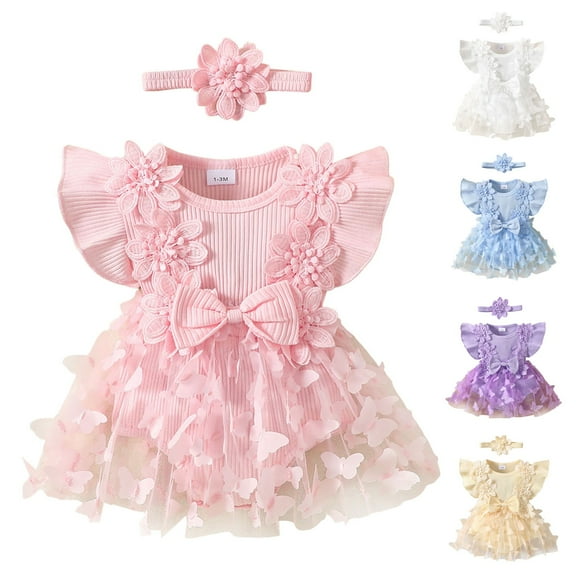 Sopiago Baby Girl Summer Clothes Cute Newborn Girl Outfits Short Sleeve Lace Baby Girls' One Piece Rompers + Headband 2pcs set Pink,1-3 Months