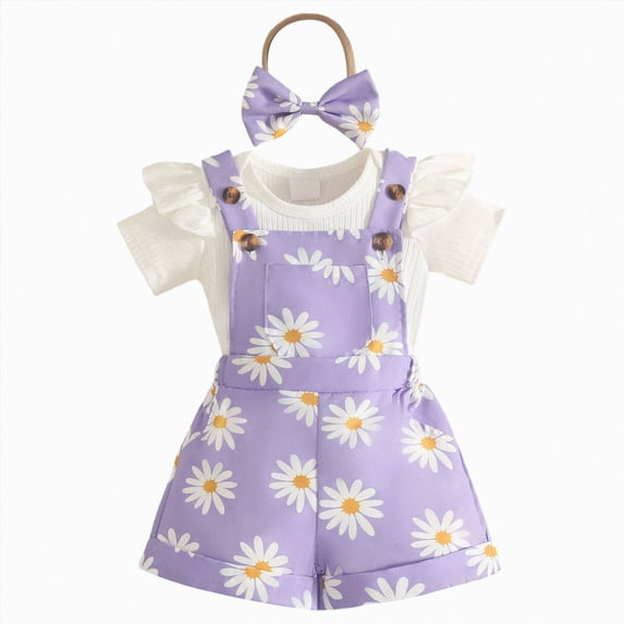 Sopiago Baby Girl Summer Outfit Ruffle Romper Cute Suspender Pant 2Pcs Set Fall Clothes(Purple,6-9 Months)