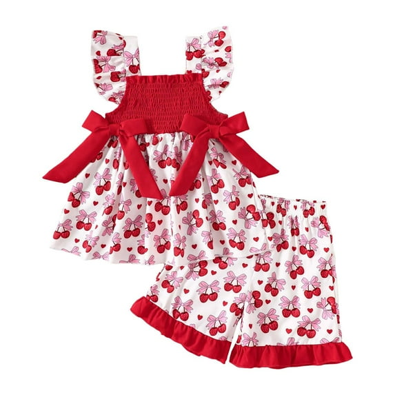 Sopiago Baby Girl Watermelon Outfit with Hat Smocked Ruffle Tank Top Shorts Set Fruit Outfit Toddler Summer Clothes 12-18 Months,Red