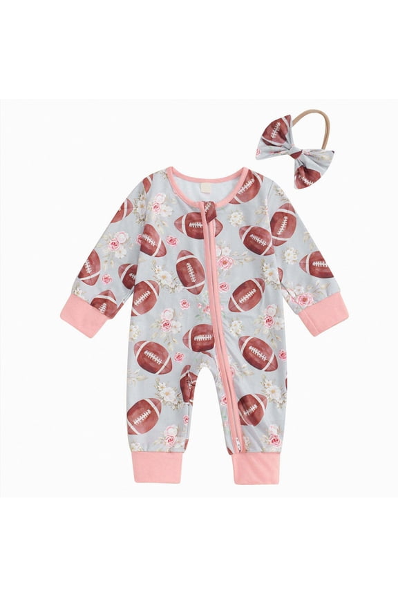 Baby Girls Football Outfits Set Infant Game Day Floral Bodysuit Football Fans Lover Onesie Romper Jumpsuits+Headband(Pink,6-12 Months)