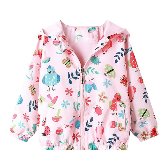 Sopiago Baby Girls Rain Jacket Kids Windproof Coat Hooded Print Zipper Toddler Boys Coat Outwear Clothes Pink,90