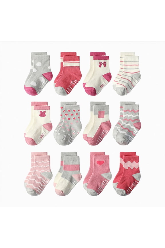 Baby Girls Toddlers Grips Socks Kids Anti Slip Non Skid Animal Funny Cartoon Crew Breathable Cotton Socks 12 Pairs,3-5 Years