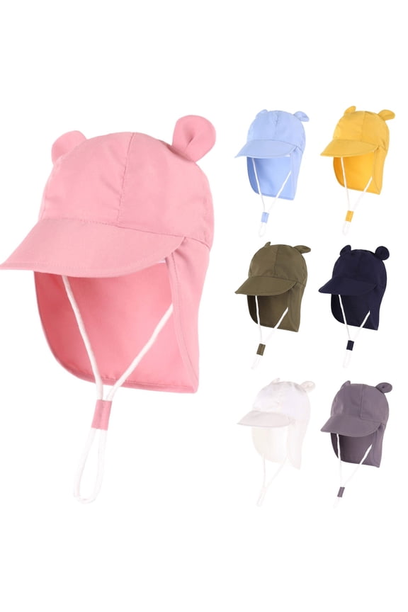 Baby Sun Hat with Neck Flap UPF 50+ Adjustable Toddler Boy Girl Summer Beach Hat with Bear Ear for Traveling Swim Hat Pink,1-2 Years