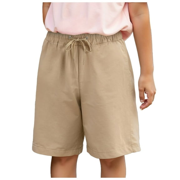 Sopiago Bermuda ShortsGirls Knee Length Shorts Straight Leg Long Shorts Loose Casual Solid Drawstring Elastic Waist Short Pants (Khaki,13-14 Years)