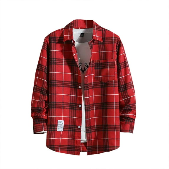 Sopiago Big And Tall Flannel Shirts for Men Fashion Casual Men Button Down Shirts Long Sleeve Casual Comfy Plaid Shirts with Pockets Red,M