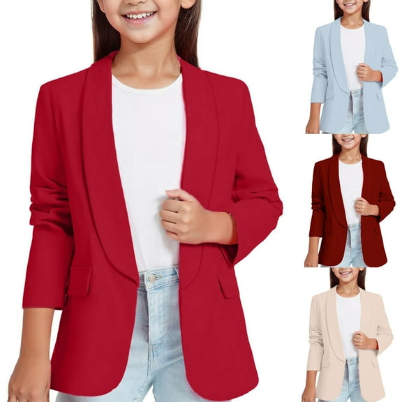 Sopiago Blazers for Kids Girls Long Sleeve Shawl Collar Sport Coat Formal Blazers Suit Jacket Open Front Inner Pocket for Kids ,9-10 Years
