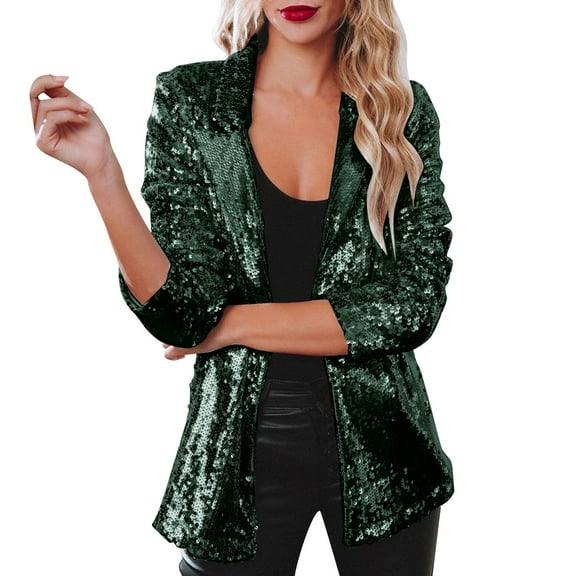 Sopiago Blazers for Women Sequin Shiny Open Front Blazer Evening Party Sparkly Long Sleeve Slim Cardigan Coat Jacket Green,2XL