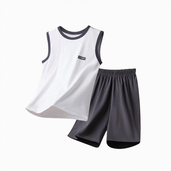 Sopiago Boys Clothes 2 Piece Summer Outfits Basketball Athletic Mesh Tank Top & Shorts for Kids 5-17 Years(White,14-15 Years)