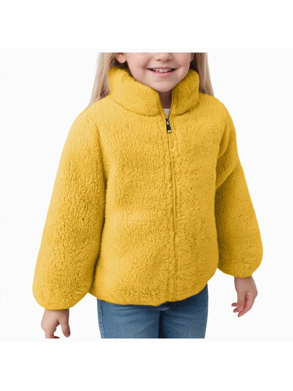 Boys Girls Fleece Jacket Zip Up Outerwear Warm Fuzzy Fall Winter Coat with Pocket for Kid(Yellow,5-6 Years)