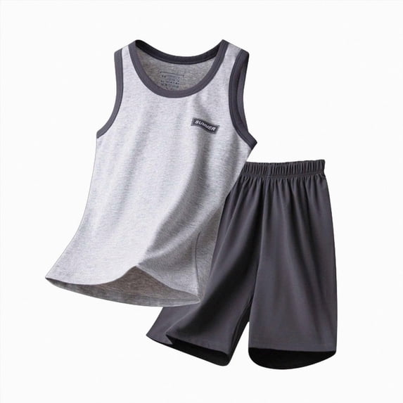 Sopiago Boys Sport Outfits Summer Sleeveless Tank Top and Shorts with Pockets Clothes Set(Light Gray,12-13 Years)