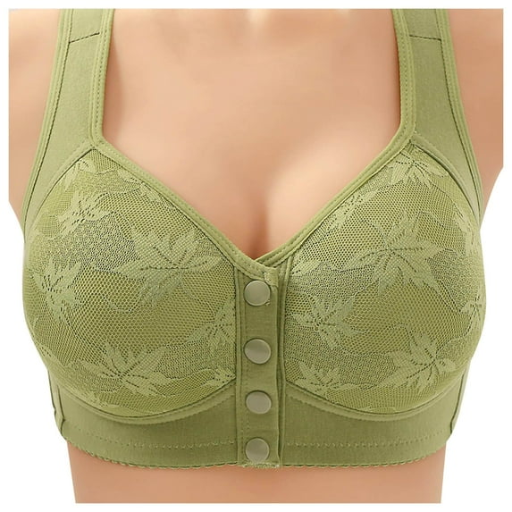 Sopiago Women's Front Button Bras,Plus Size Soft Cup Comfort Brassiere Floral Graphics Underwire Easy Close Full Coverage Green,42