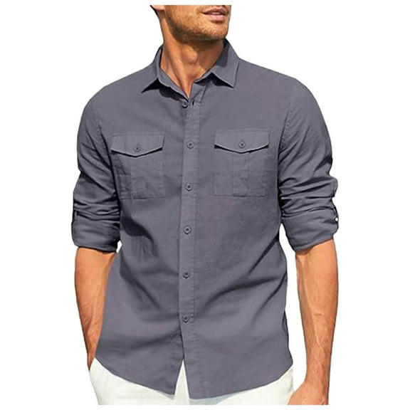 Sopiago Button Down Shirt Men Solid Spread Collar Mens Linen Shirts Long Sleeve Casual Summer Beach Shirts with Pocket Dark Gray,M