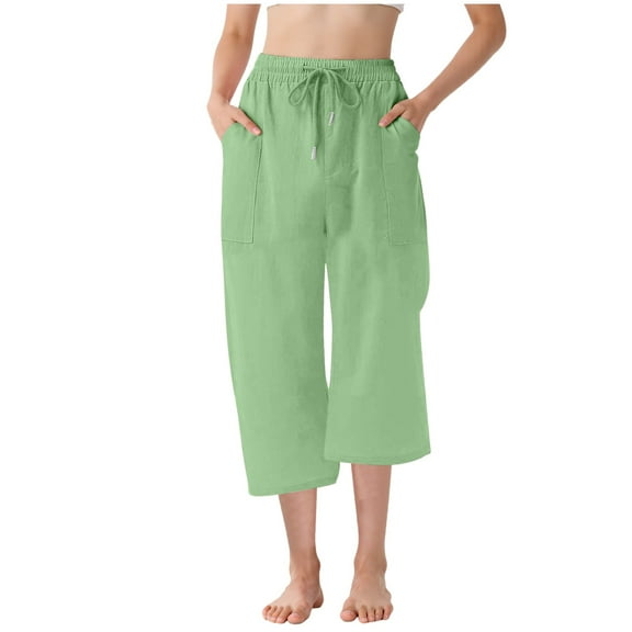 Sopiago Capri Pants for Girls Linen Casual Summer 2025 Drawstring Elastic Waist Comfy Cropped Trousers with Pockets Light Green,12-13 Years