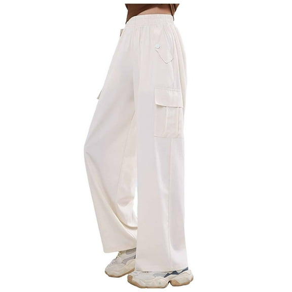 Sopiago Cargo Pants Kids High Waisted Jogger Pants Flap Pockets Loose Trousers Casual Pants for Kids Beige,10-12 Years