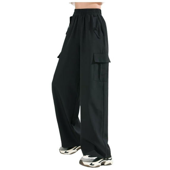 Sopiago Cargo Pants for Girls High Waisted Jogger Pants Flap Pockets Loose Trousers Casual Pants for Kids Black,9-10 Years