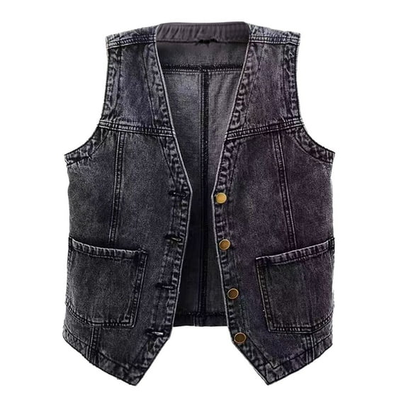 Sopiago Denim Vest Top for Women V Neck Button Down Jean Waistcoat Jacket Black,2XL