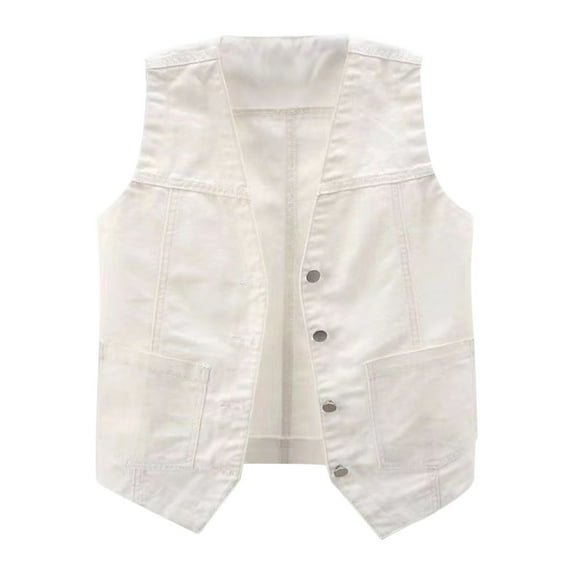 Sopiago Denim Vest Top for Women V Neck Button Down Jean Waistcoat Jacket White,3XL