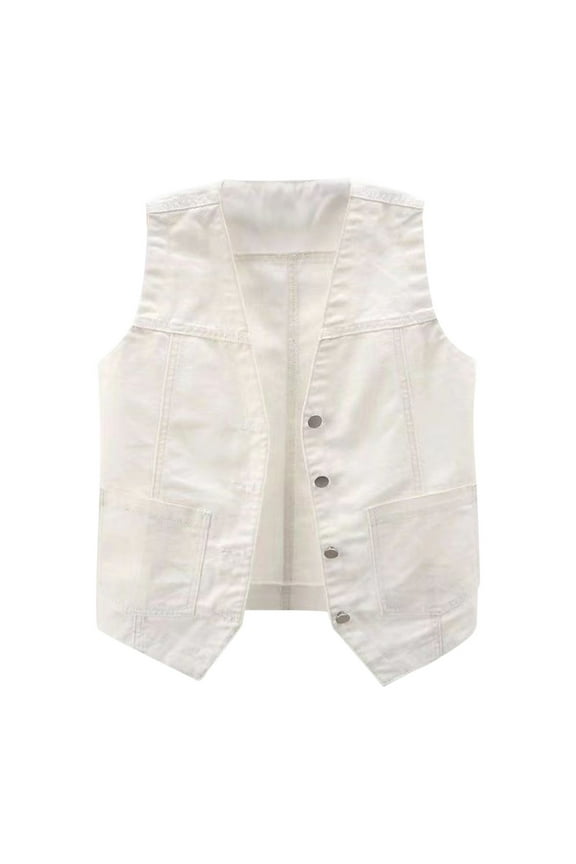 Denim Vest Top for Women V Neck Button Down Jean Waistcoat Jacket White,XL