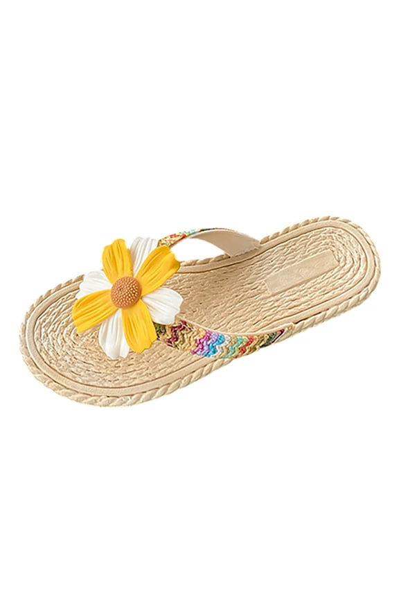 Dressy Flip Flops for Women Womens Flat Sandals Summer Bohemian Beaded Flats Shoes Comfortable Ankle Elastic Strap Toe Ring Sandal Yellow,8.5