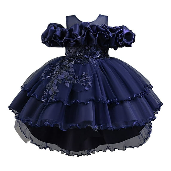 Sopiago Flower Girl Dresses Off-Shoulder Birthday Girls Dress lace Fluffy Pageant Girl Dress for Christmas Wedding Party Navy (7-8 Years)