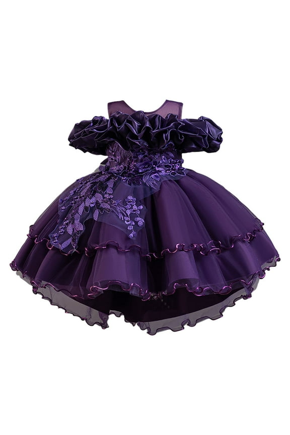 Flower Girl Dresses Off-Shoulder Birthday Girls Dress lace Fluffy Pageant Girl Dress for Christmas Wedding Party Purple (7-8 Years)