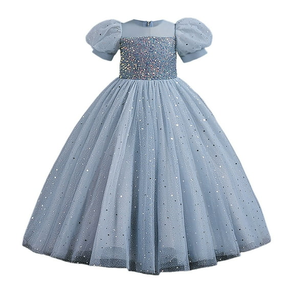 Sopiago Flower Girls Sparkle Tulle Sequin Puff Sleeves Vintage Dress Princess Wedding Bridesmaid Party Holiday Dresses Grey (8-9 Years)