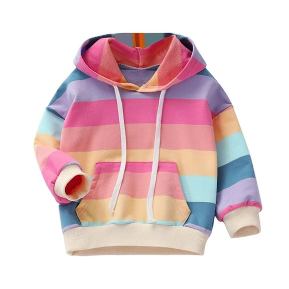 Sopiago Girl Hoodies Rainbow Printed Long Sleeve Drawstring Cotton Hooded Sweatshirts Pullover Tops Pink,5-6 Years
