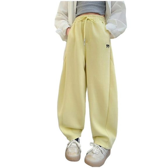 Sopiago Girl's Drawstring Baggy Sweatpants Stripes Elastic Waist Wide Leg Sweatpants Girls Loose Pants with Pocket 4-5 Years,Yellow