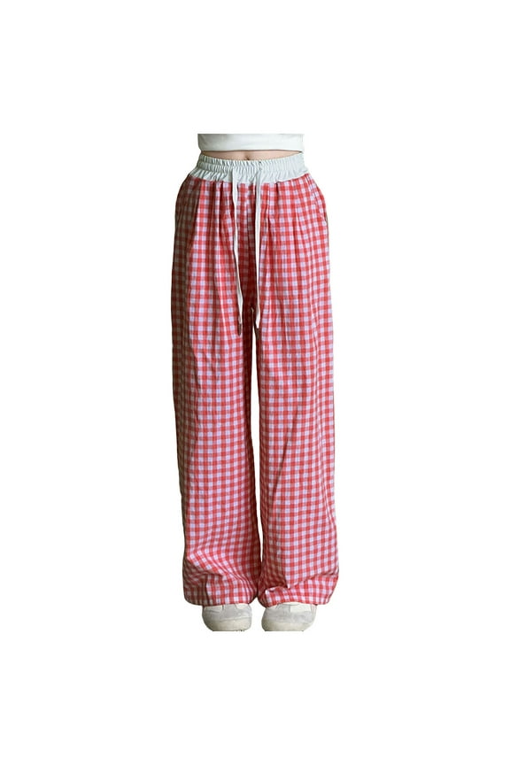 Girl's Grid Print Drawstring High Waist Checkered Pants for Girls Straight Leg Long Trouser 12-13 Years,Red