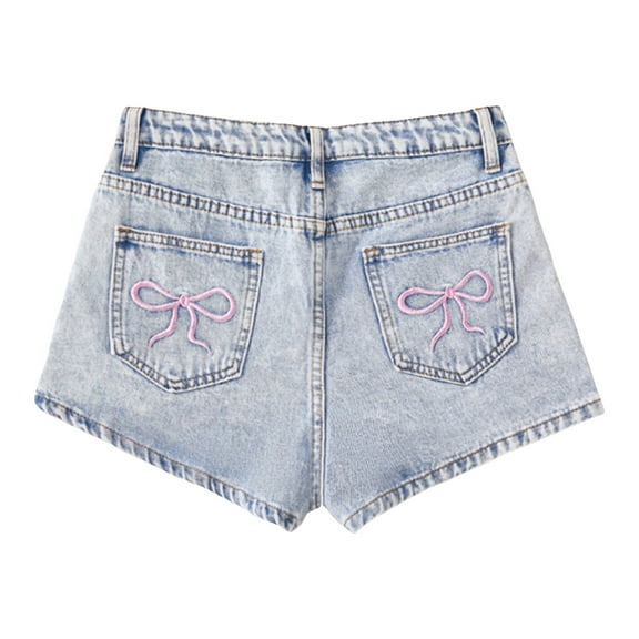 Sopiago Girl's Ripped Jean Shorts Y2k High Waisted Stretchy Summer Mini Bowknot Print Denim Shorts for Girls Bottoms Streetwear (Light Blue,13-14 Years)