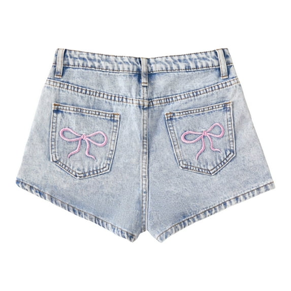 Sopiago Girl's Ripped Jean Shorts Y2k High Waisted Stretchy Summer Mini Bowknot Print Denim Shorts for Girls Bottoms Streetwear (Light Blue,14-15 Years)