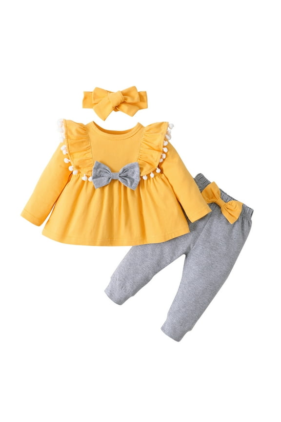 Girls 3 Piece Outfit Fall Winter Toddler Baby Girls Long Sleeve Butterfly Print Tops and Pants Outfits Clothes Set with Headband 6-9 Months,Yellow