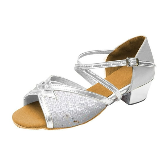 Sopiago Girls Ballroom Shoes Soft-Soled Glittering Latin Dance Shoes Kids Low Heels Silver,3 (Little Kid/Big Kid)