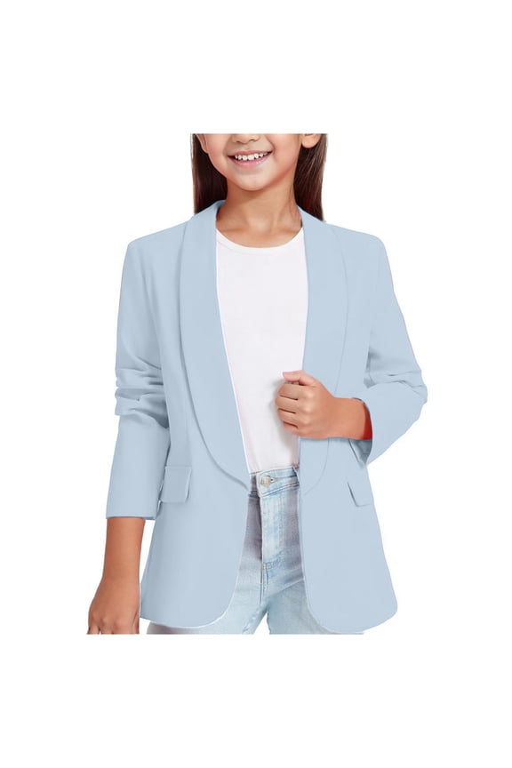 Girls Blazer Jacket Long Sleeve Shawl Collar Sport Coat Formal Blazers Suit Jacket Open Front Inner Pocket for Kids Light Blue,7-8 Years