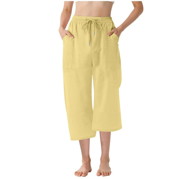 Sopiago Girls Capri Pants Linen Casual Summer 2025 Drawstring Elastic Waist Comfy Cropped Trousers with Pockets Yellow,10-11 Years