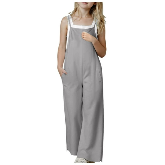 Sopiago Girls Casual Jumpsuits Spaghetti Strap Sleeveless Loose Romper for Girls Long Pants with Pockets Kids Clothes Grey,13-14 Years