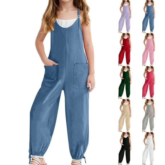 Sopiago Girls Casual Sleeveless Jumpsuit Spaghetti Strap Long Pants Drawstring Romper for Girls with Pockets Blue,11-12 Years