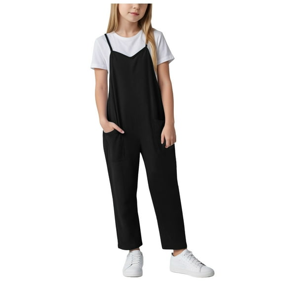Sopiago Girls' Casual Sleeveless Jumpsuits Spaghetti Strap Overalls Girls Loose Romper Long Pants with Pockets Black,11-12 Years