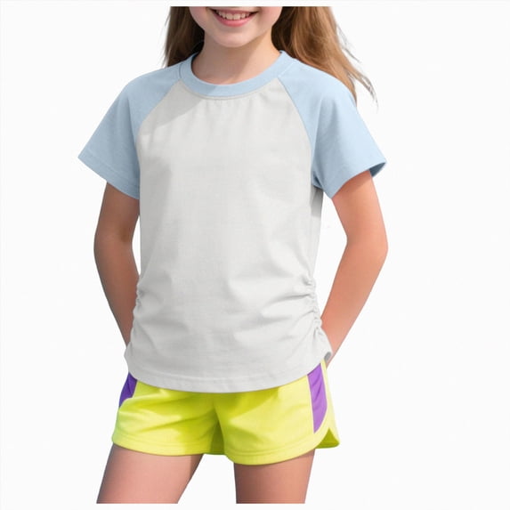 Sopiago Girls' Cotton T-Shirts – Crew Neck Short Sleeve Tees, Solid Color Multipack, Sizes 4–16 Girl Shirts Light Blue,3-4 Years