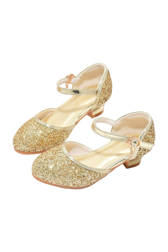 Girls Dress Shoes Glitter Sequins Low Heels Pumps Princess Party Dance Shoes Rhinestone Sandals Girls Gold,13.5 (Little Kid/Big Kid)