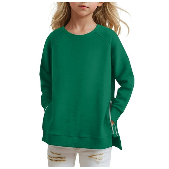 Sopiago Girls' Fashion Hoodies & Sweatshirts Long Sleeve Crewneck Kids Lightweight Cute Oversized Pullover Tops Side Split Green,13-14 Years