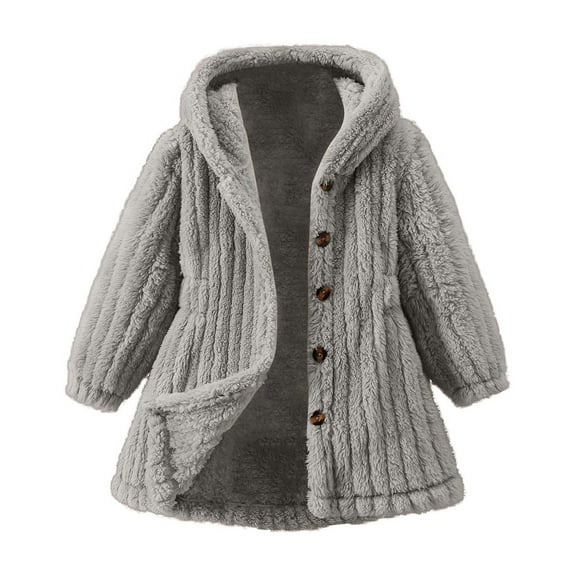 Sopiago Girls Fuzzy Fleece Jackets Casual Button Down Sherpa Overcoat Fur Toddler Jackets for Girls Outwear with Hood Grey,3-4 Years