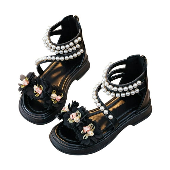 Sopiago Girls Gladiator Sandals Cute Strappy Dress Shoes for Toddler Girls with Zipper Summer Flower Girl Shoes Black,13.5 (Toddler/Little Kid/Big Kid)